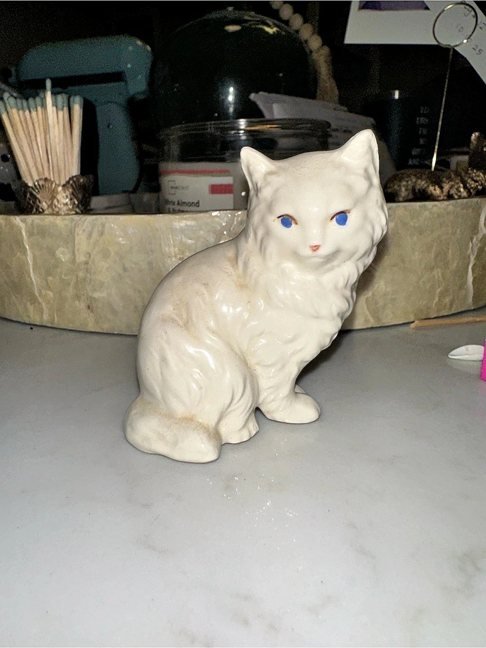 Vintage Persian Cat Figurine White Blue Eyes Pet House Cat Feline